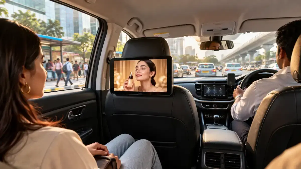 A rear-seat passenger in a cab watching a video ad on the Urban Media screen mounted on the back of the front headrest.